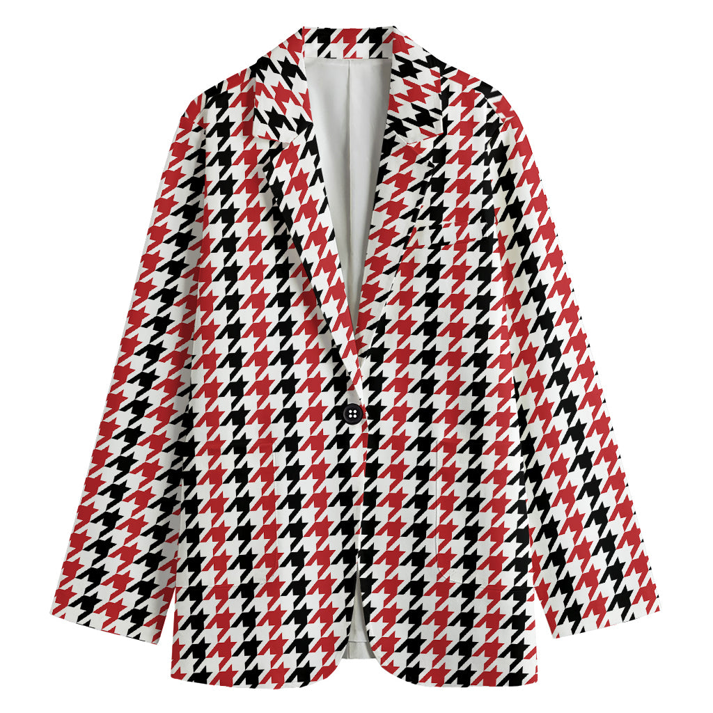 Red Black And White Houndstooth Print Women's Cotton Blazer