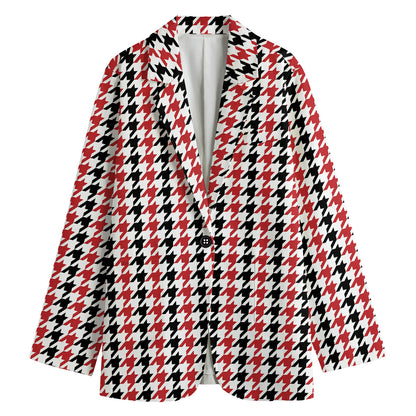 Red Black And White Houndstooth Print Women's Cotton Blazer