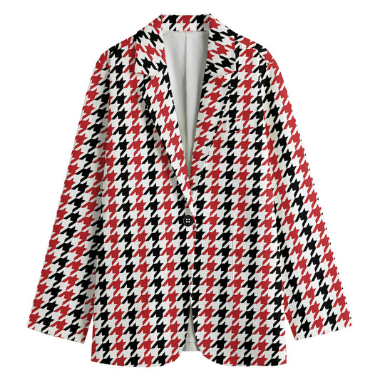 Red Black And White Houndstooth Print Women's Cotton Blazer