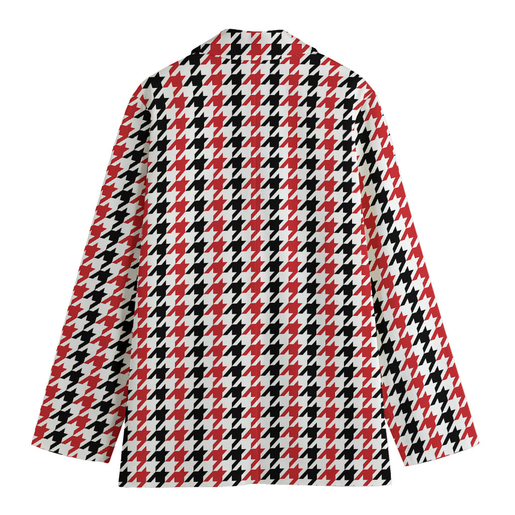 Red Black And White Houndstooth Print Women's Cotton Blazer