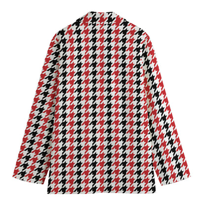 Red Black And White Houndstooth Print Women's Cotton Blazer