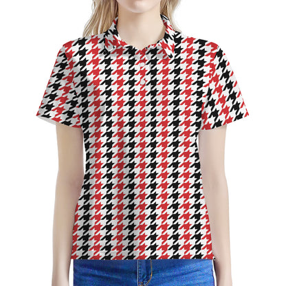 Red Black And White Houndstooth Print Women's Polo Shirt