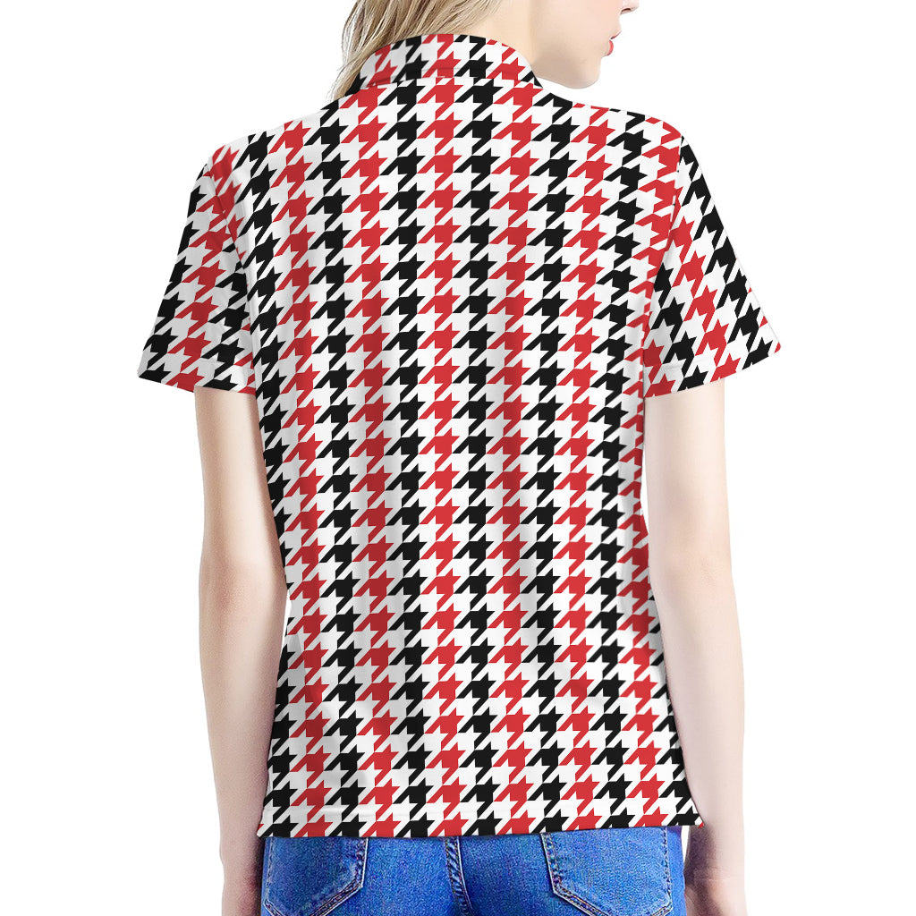 Red Black And White Houndstooth Print Women's Polo Shirt
