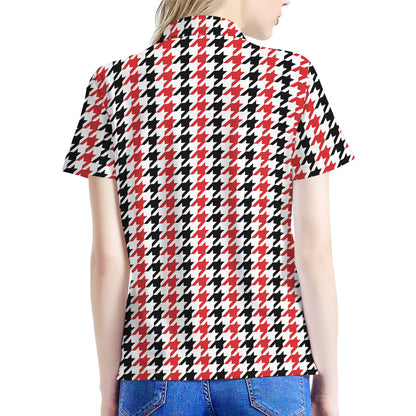 Red Black And White Houndstooth Print Women's Polo Shirt