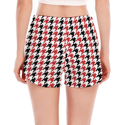 Red Black And White Houndstooth Print Women's Split Running Shorts