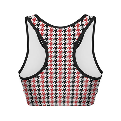 Red Black And White Houndstooth Print Women's Sports Bra
