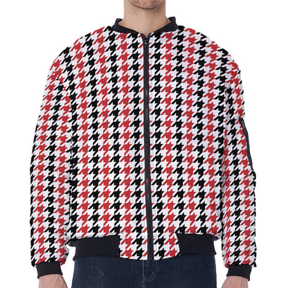 Red Black And White Houndstooth Print Zip Sleeve Bomber Jacket