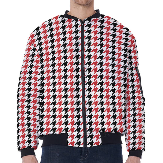 Red Black And White Houndstooth Print Zip Sleeve Bomber Jacket