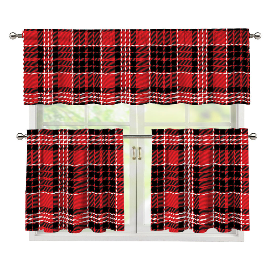 Red Black And White Scottish Plaid Print 3 Piece Kitchen Curtains