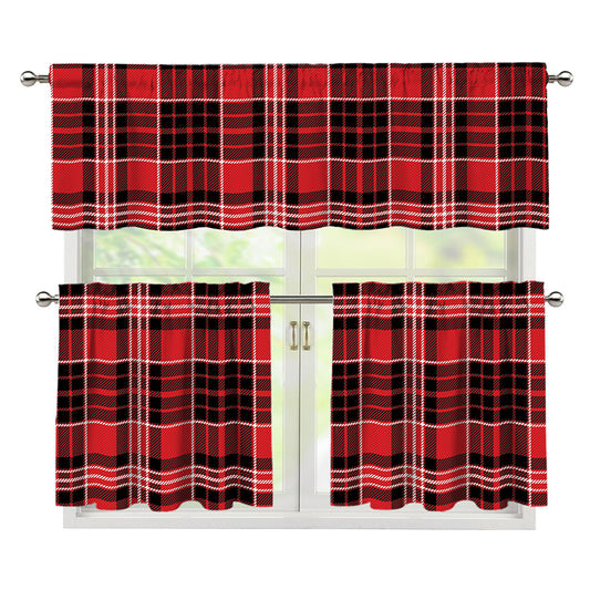 Red Black And White Scottish Plaid Print 3 Piece Kitchen Curtains