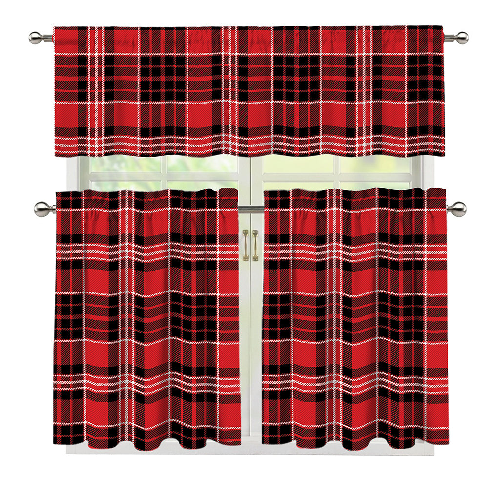 Red Black And White Scottish Plaid Print 3 Piece Kitchen Curtains