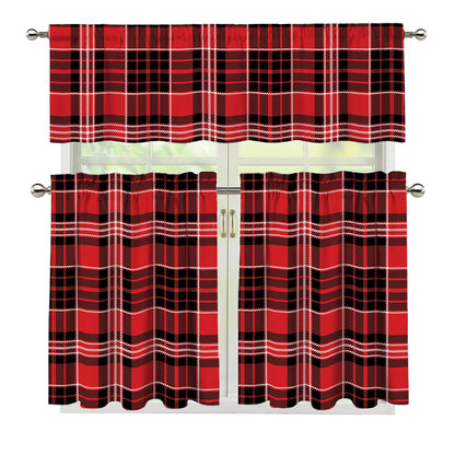 Red Black And White Scottish Plaid Print 3 Piece Kitchen Curtains