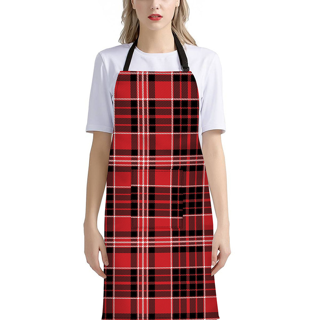 Red Black And White Scottish Plaid Print Bib Apron With Pocket