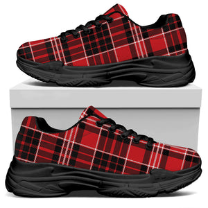 Red Black And White Scottish Plaid Print Black Chunky Shoes