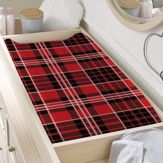 Red Black And White Scottish Plaid Print Changing Pad Cover