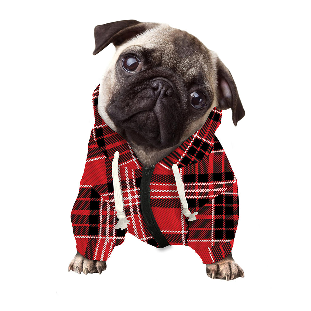 Red Black And White Scottish Plaid Print Dog Zip Up Hoodie