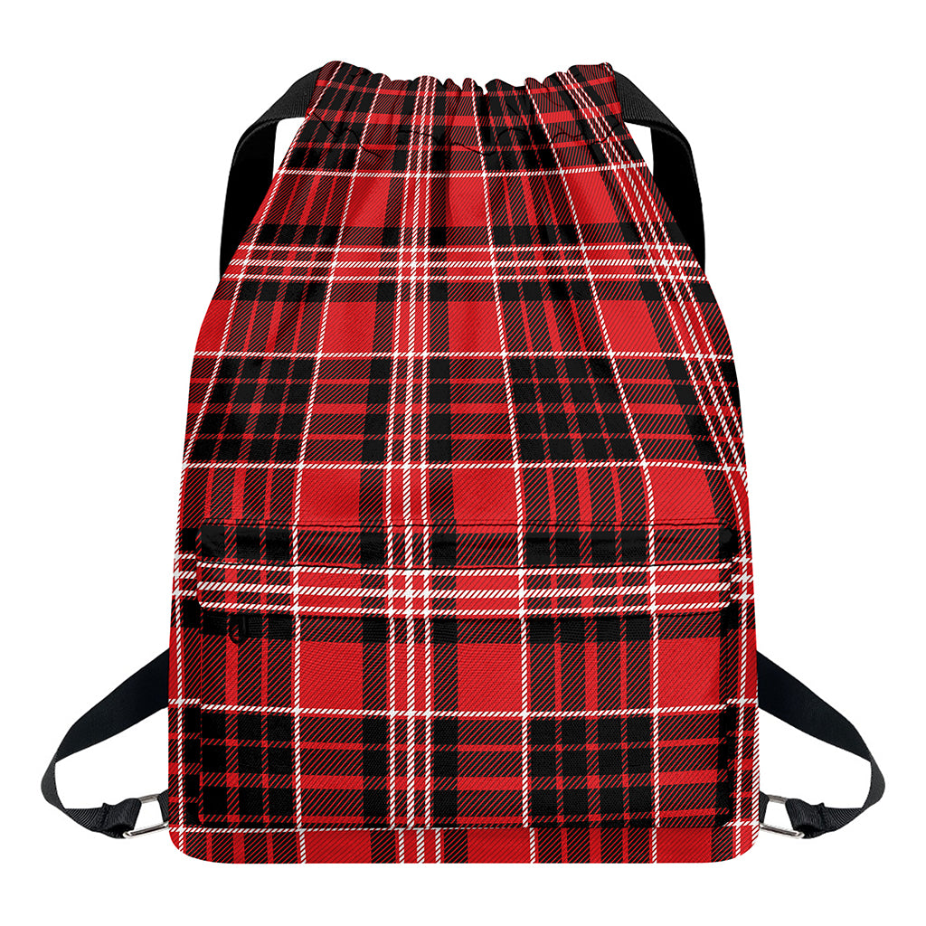 Red Black And White Scottish Plaid Print Drawstring Backpack