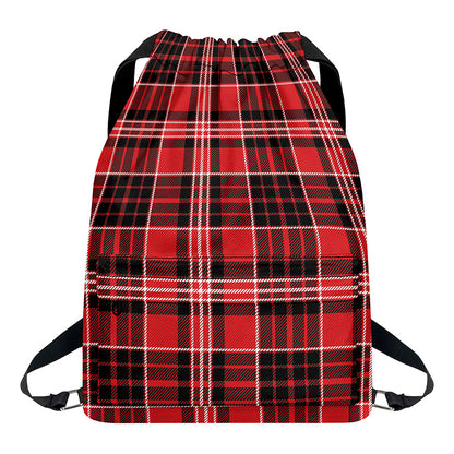 Red Black And White Scottish Plaid Print Drawstring Backpack