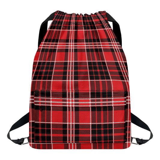 Red Black And White Scottish Plaid Print Drawstring Backpack