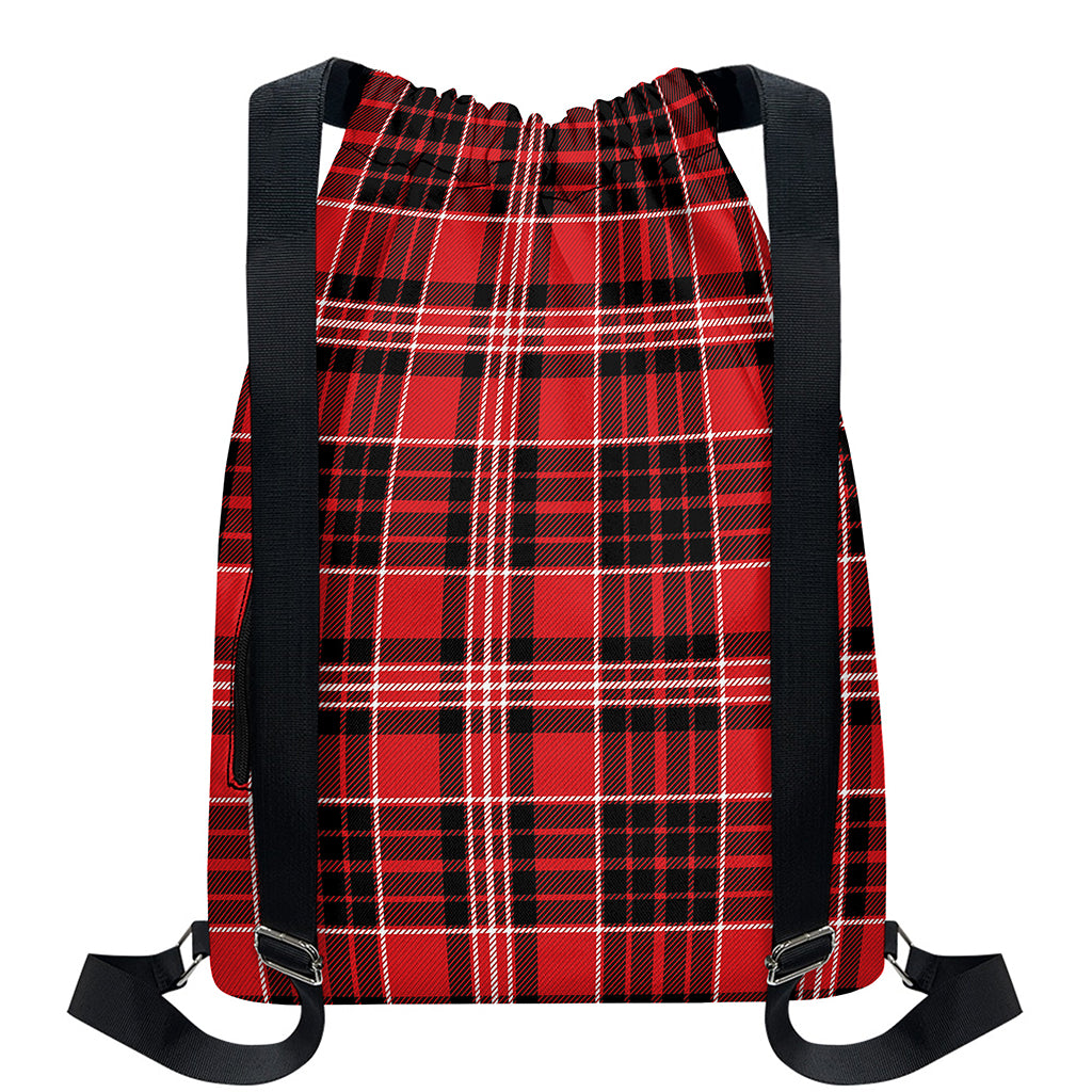 Red Black And White Scottish Plaid Print Drawstring Backpack