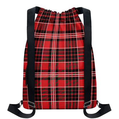 Red Black And White Scottish Plaid Print Drawstring Backpack