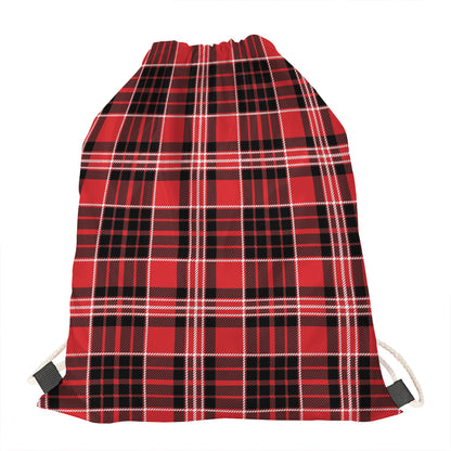 Red Black And White Scottish Plaid Print Drawstring Bag