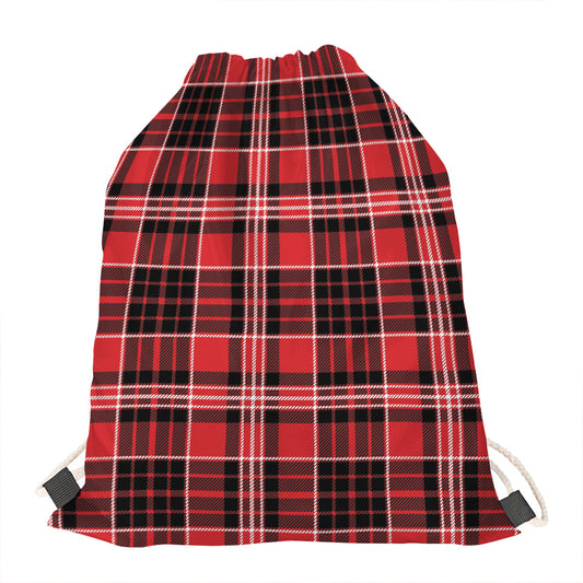 Red Black And White Scottish Plaid Print Drawstring Bag