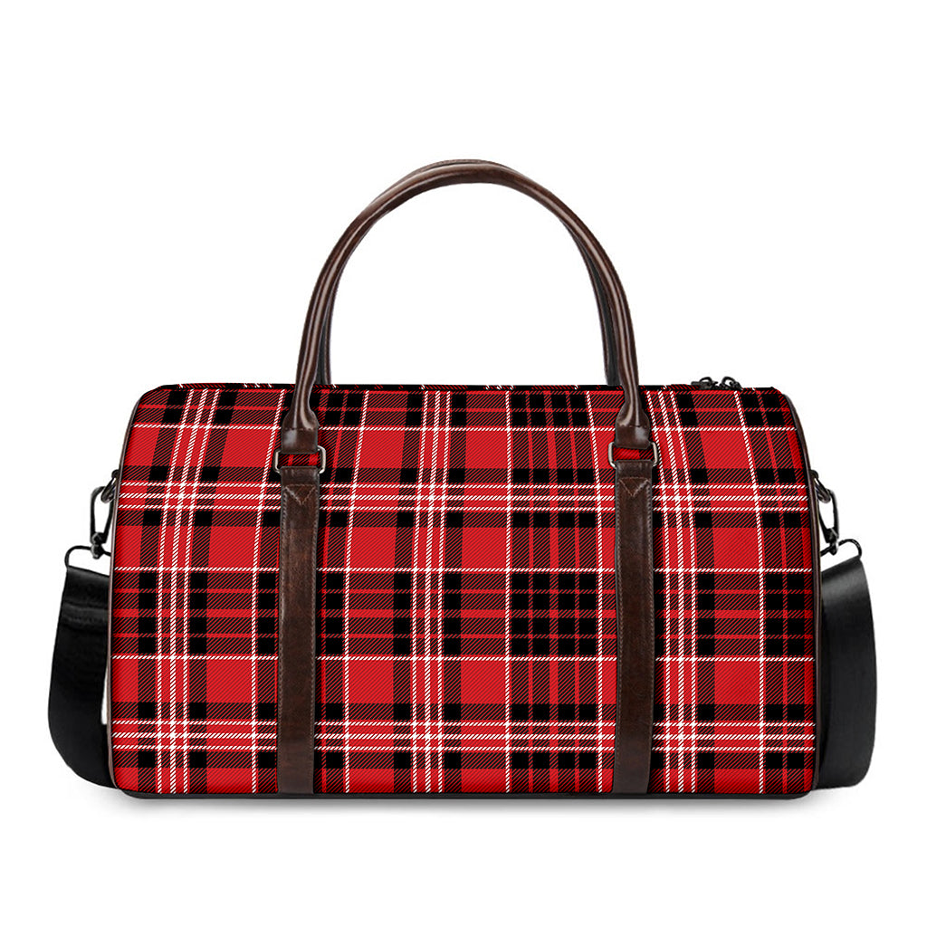 Red Black And White Scottish Plaid Print Duffle Bag