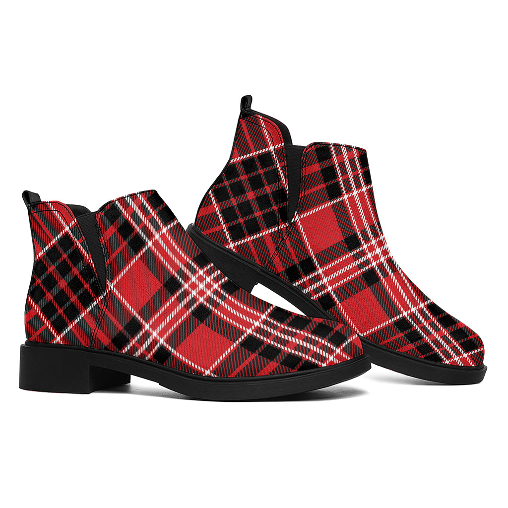 Red Black And White Scottish Plaid Print Flat Ankle Boots