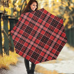 Red Black And White Scottish Plaid Print Foldable Umbrella