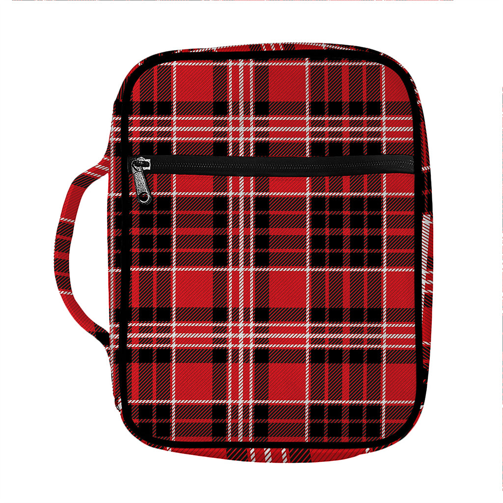 Red Black And White Scottish Plaid Print Front Pocket Bible Bag