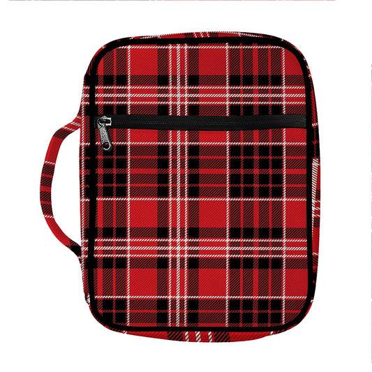 Red Black And White Scottish Plaid Print Front Pocket Bible Bag