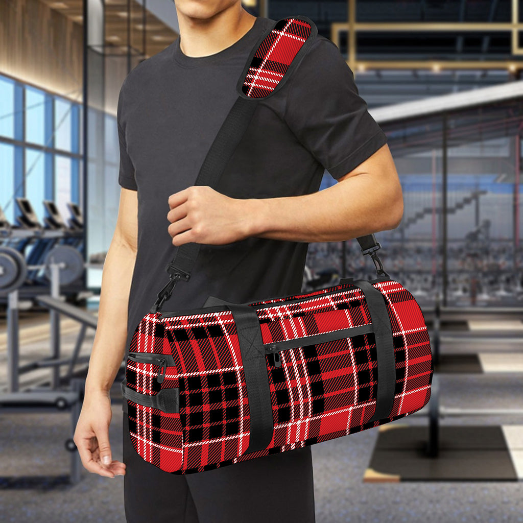 Red Black And White Scottish Plaid Print Gym Bag