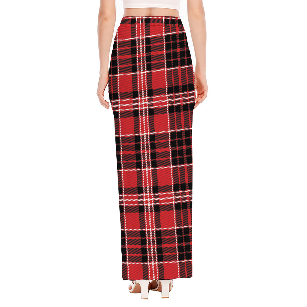 Red Black And White Scottish Plaid Print High Slit Maxi Skirt