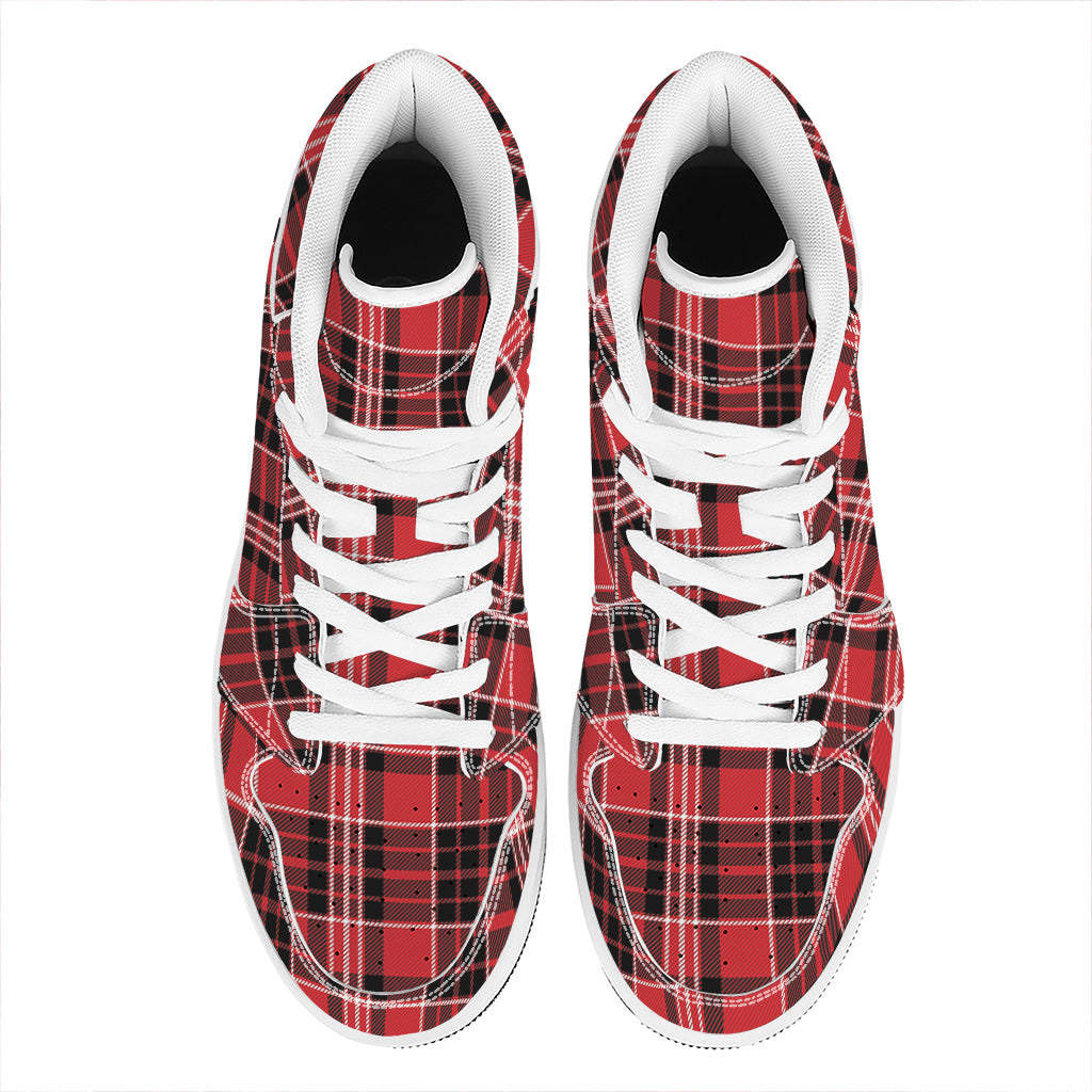 Red Black And White Scottish Plaid Print High Top Leather Sneakers