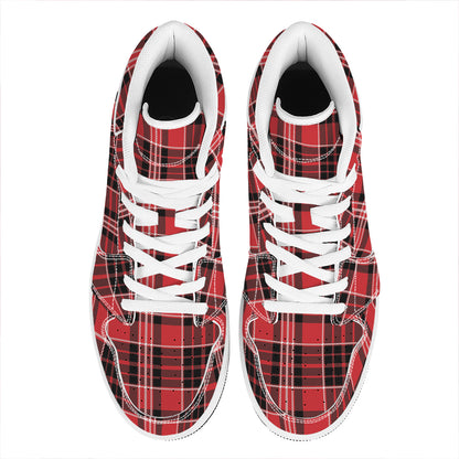 Red Black And White Scottish Plaid Print High Top Leather Sneakers