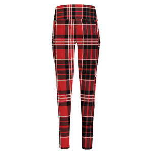 Red Black And White Scottish Plaid Print High-Waisted Pocket Leggings