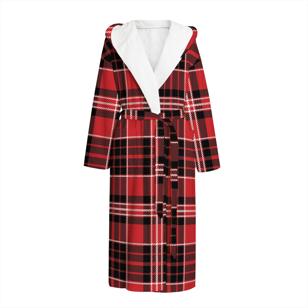 Red Black And White Scottish Plaid Print Hooded Bathrobe