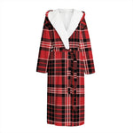 Red Black And White Scottish Plaid Print Hooded Bathrobe