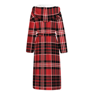 Red Black And White Scottish Plaid Print Hooded Bathrobe