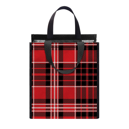 Red Black And White Scottish Plaid Print Insulated Lunch Tote
