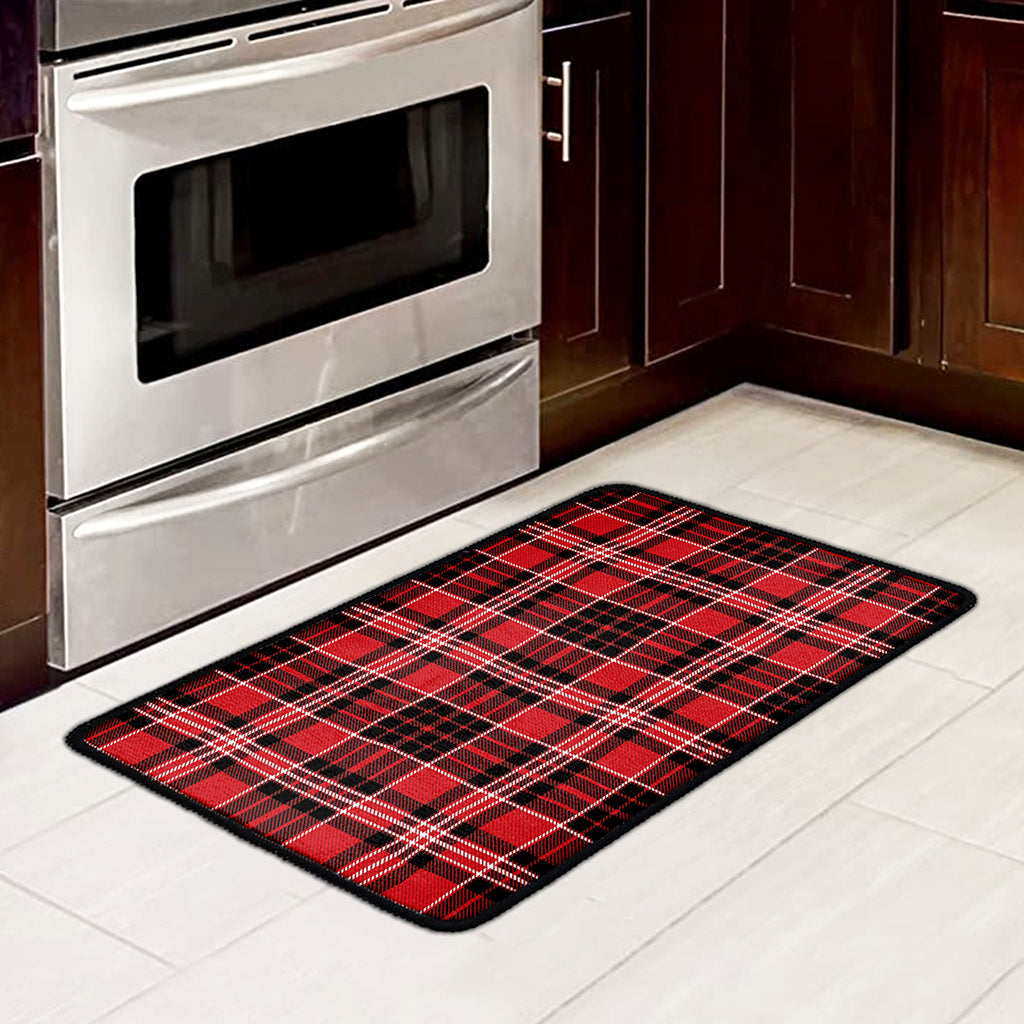 Red Black And White Scottish Plaid Print Kitchen Mat