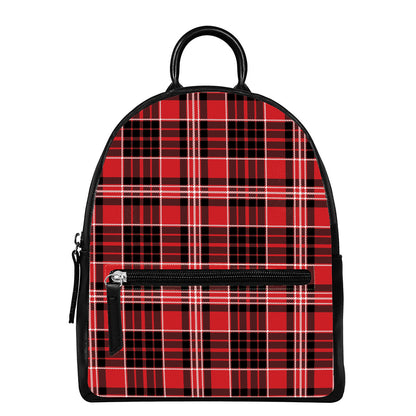 Red Black And White Scottish Plaid Print Leather Backpack