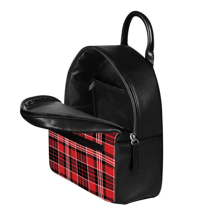 Red Black And White Scottish Plaid Print Leather Backpack