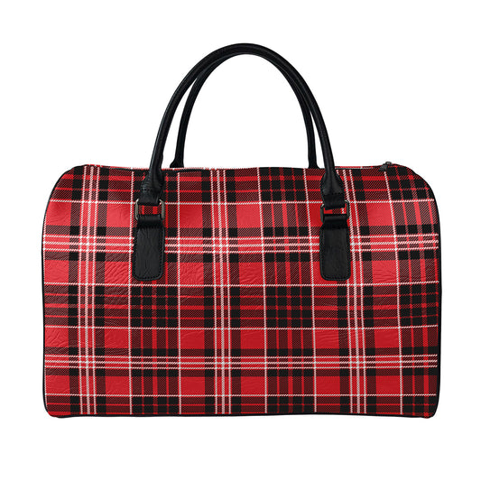 Red Black And White Scottish Plaid Print Leather Duffle Bag