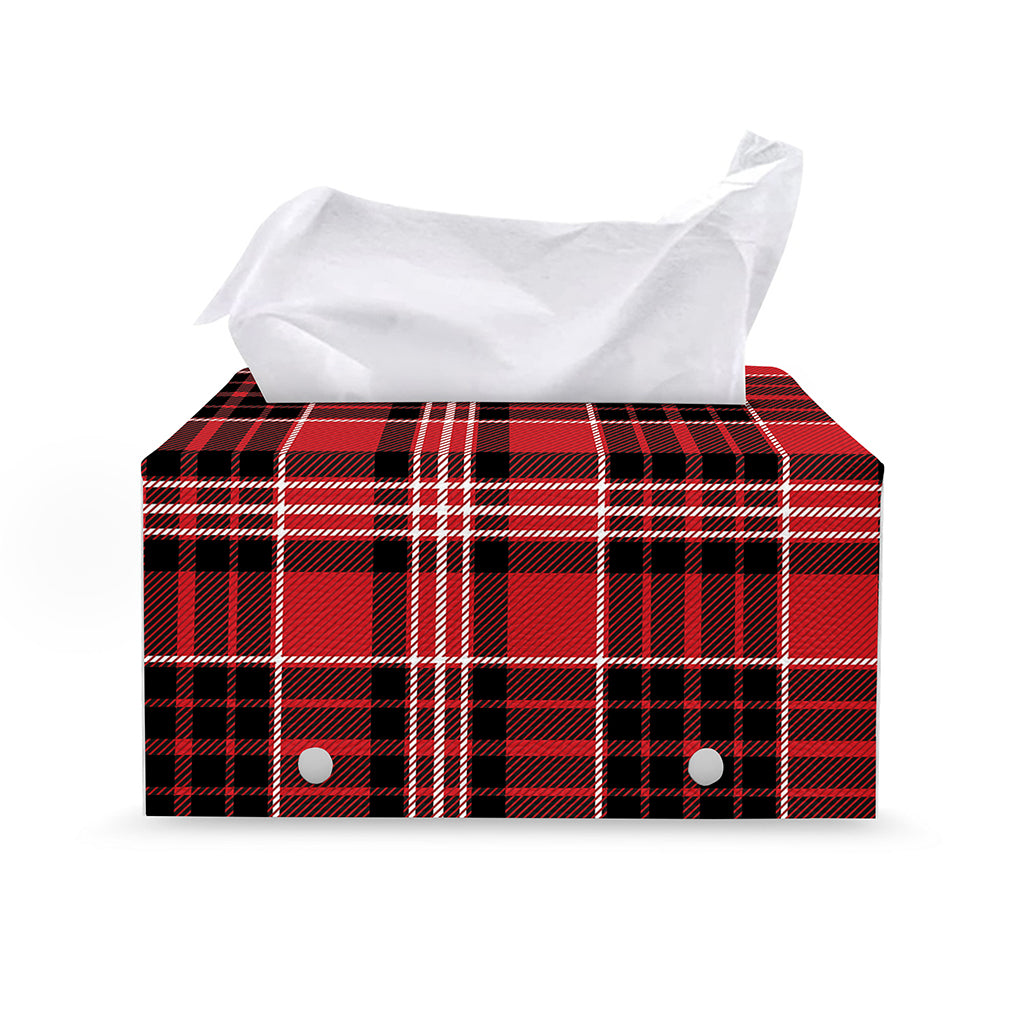 Red Black And White Scottish Plaid Print Leather Tissue Box Cover
