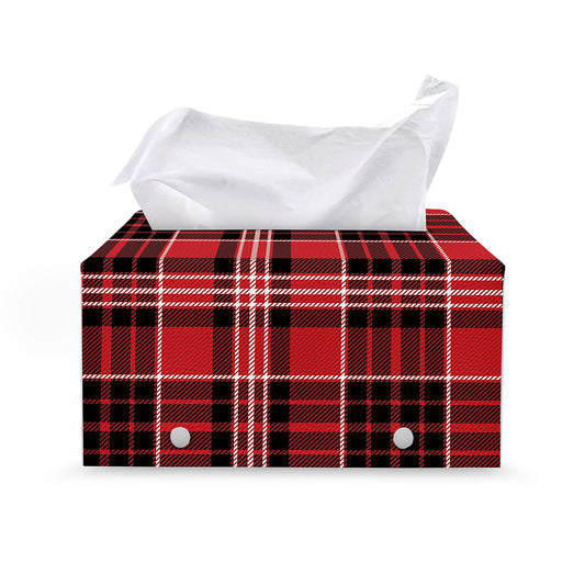 Red Black And White Scottish Plaid Print Leather Tissue Box Cover