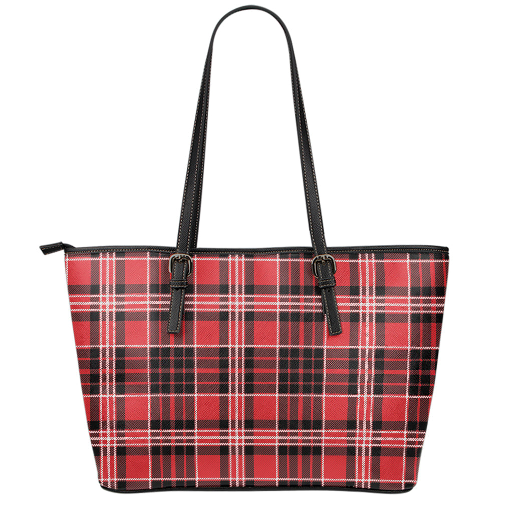 Red Black And White Scottish Plaid Print Leather Tote Bag