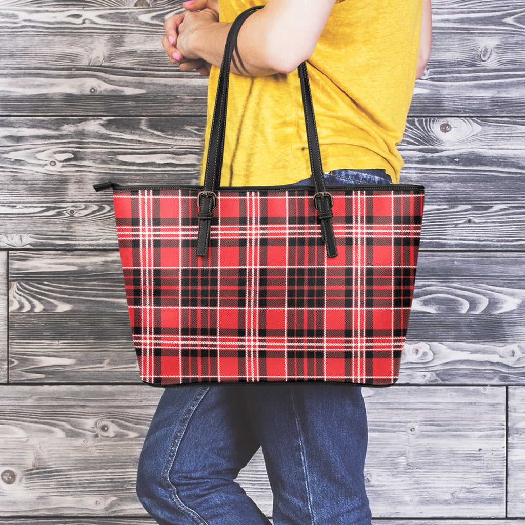 Red Black And White Scottish Plaid Print Leather Tote Bag