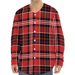 Red Black And White Scottish Plaid Print Long Sleeve Baseball Jersey